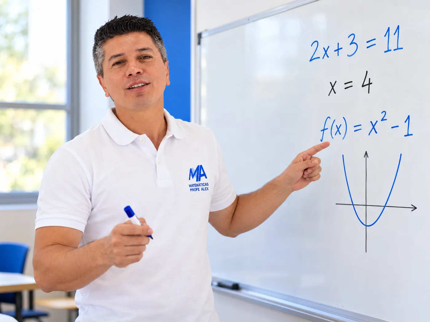 El Profe Alex explicando matemáticas frente al tablero